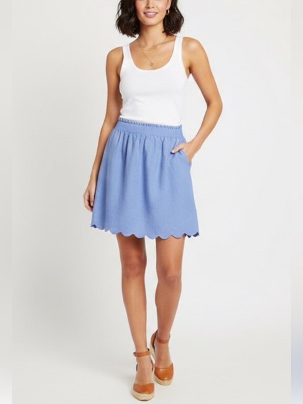J crew scalloped hem elastic waist linen blend skirt size 14 blue